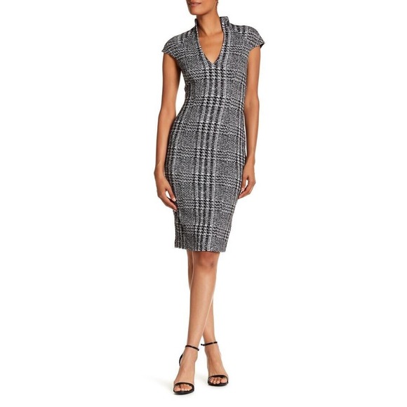 Alexia Admor Dresses & Skirts - Alexia Admor Black White Glen Houndstooth Plaid Pencil Sheath Dress Sz 6 V Neck